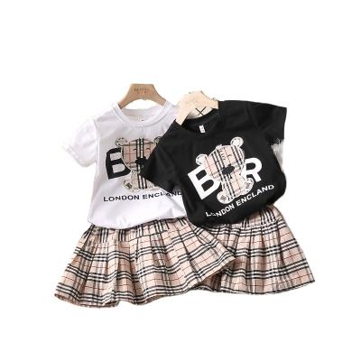 China Lovely Kids Casual Clothing Summer Little Girls T-shirt Plaid Skirts Sets Teenager Short Sleeve Sets For Girls for sale