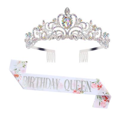 China Wholesale Metal Rose Gold 18th Birthday Girl Crown Sash Set Miss World Queen Crown Women Bling Birthday Decoration 16th for sale