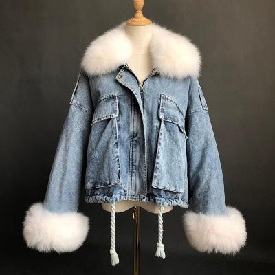 China Anti-wrinkle women winter cropped style real fur lining jacket coat customize fluffy fur denim jacket for women for sale