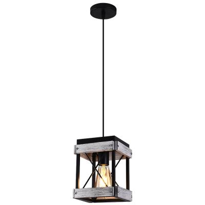 China Farmhouse Living Dining Room Kitchen Bar Farmhouse Industrial Single Retro Vintage Metal Black Wooden Cage Chandeliers Pendant Light for sale