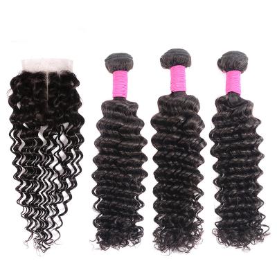 China Wholesale Malaysian Deep Wave Top 8A Virgin Hair Bundles 3Pcs Lot With Silk Low Top Closure Free Shipping for sale