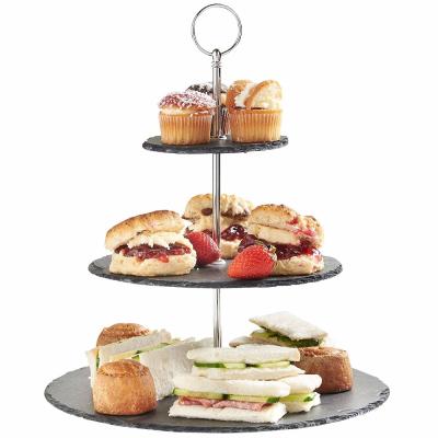 China Factory wholesale price workable natural edge 35*25*20cm around 3 tier black slate cake stand stone cake stand with metal handle for sale