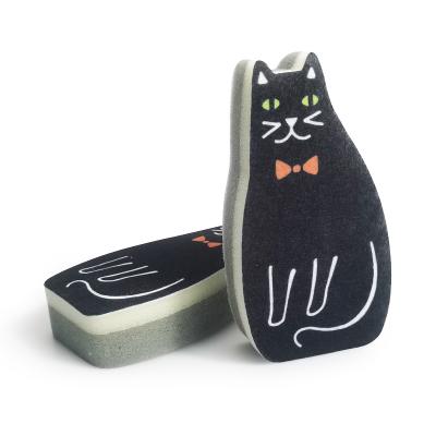 China New Design Dish Wash Scrubber OEM Kitty Shape Scouring Pad Viable Nonwoven Sponge For Kitchen Cleaning for sale
