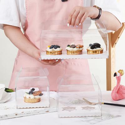China Handmade Wholesale Cake Box Packaging Transparent Clear Swiss Roll Box Plastic Cake Log Cake Box With Handle for sale