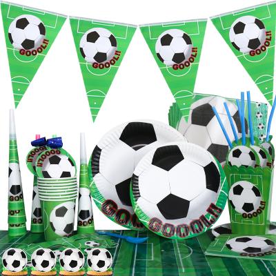 China Football Theme Birthday Party Decoration Shop Paper Cup Paper Flag Pulling Disposable Tableware Set for sale