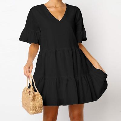 China Fashion Woman Summer Anti-Static V-neck Spliced Short Dress Cotton Sleeve Dress for sale