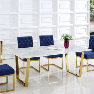 China Mesa de comedor de mármol contemporáneo de color blanco, altura del contador, piernas metálicas de acero inoxidable en venta