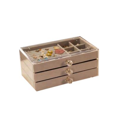 China Multifunctional Acrylic Jewelry Box Jewerly Display Organizer Velvet Jewelry Box Organizer with 3 Drawers for sale