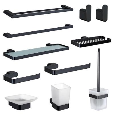 China Modern Black Household Bathroom Accessories Set Wall Luxury Brass Mount Towel Rack Toilet Brush Holder Home Washroom Hardware Products for sale