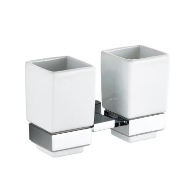 China Modern Luxury Brass Wall Mounted Double Wall Mounted Brass Ceramic Toothbrush Holder Hotel Toilet Cups Bathroom Accessories Tumbled Holder Stainless Steel for sale