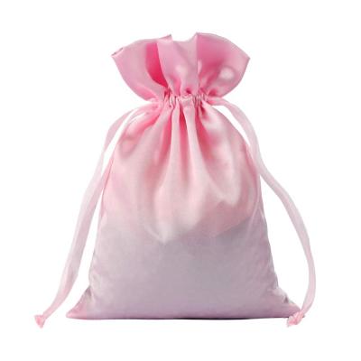China Custom Logo Large Smoothly Silk Satin Gift Hair Bag Wigs Packaging Drawstring Gift Pink Satin Bag For Hair Extension Wig for sale