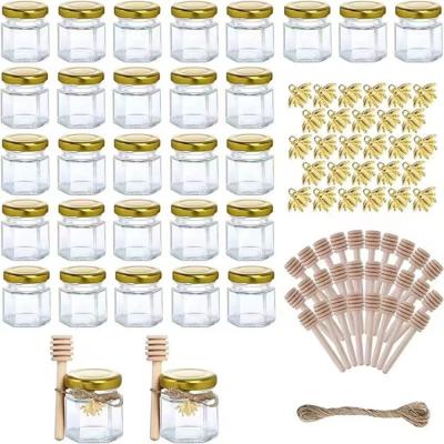 China High quality 1.5oz 45ml Hexagonal Honey Jars Luxury Mini Glass Honey Jars with Dippers For for Spice Party Gift Jam for sale