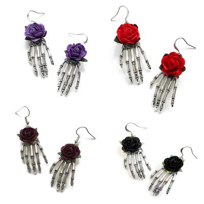 China Chandelier Skull Hand Red Rose Gothic Gift Halloween Earrings Vintage Handmade Accessories for sale