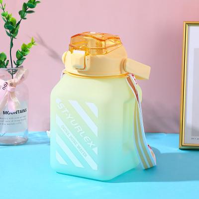 China Sustainable 1500ml Big Wide Mouth Square Shaped Drinking Plastic Water Bottle With Strap for sale