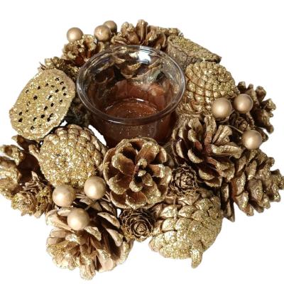 China New Handmade Gold Artificial Flower Christmas Table Top Decoration Garland Candle Holder Home Decor for sale
