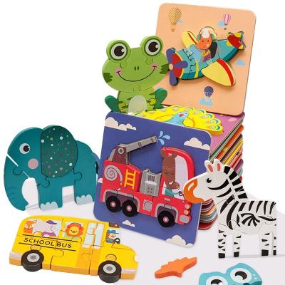 China Wholesale 12 Styles 3D Jigsaw Puzzle Toy Kindergarten Toddler Animal Traffic Vehicle Eco-friendly Wooden Cartoon Animal Early Education Toy For Kids for sale