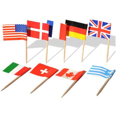 China el palillo decorativo del cóctel de los 6.5cm señala banderas de madera del palillo por medio de una bandera de la hamburguesa de la torta en venta