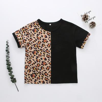 China Fanmifashion Girls Anti-Shrink Leopard Spliced Neck Round Tee Girls T-Shirt for sale