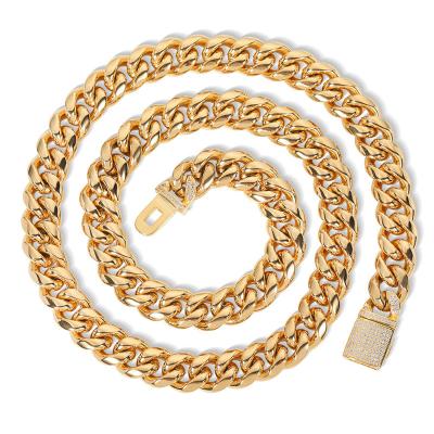 China Hiphop Hip Hop 12mm Gold Necklace Titanium Steel Round Grind Cuban Chain Stainless Steel Diamond Set Clamshell Buckle Necklace for sale