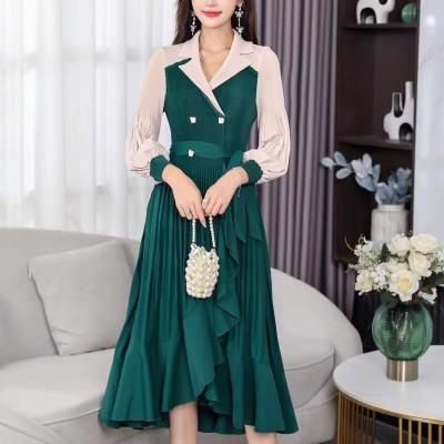 China Autumn Fashion Suit Collar Women's Autumn Fashion Suit Collar Women's Breathable Pleated Spring Belt Contrast Color Style Ladies Dress for sale