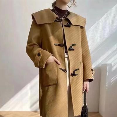 China Customized Viable Fashion Loose Ladies Mid Length Coat With Large Horn Loop Pockets And Double Sided Doll Collar Cashmere Coat for sale