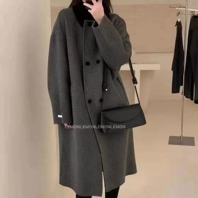 China Customized color matching viable solid color cashmere fashion long elegant double-sided coat lapel cross ladies coat for sale