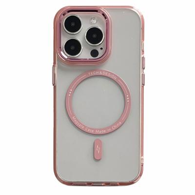 China Shockproof Macaron PC transparent color super magnetic charging shockproof case for Apple phone 15pro 14promax 13 large hole lens ring for sale