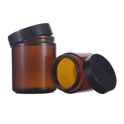 China Luxury Cosmetic Jar 100ml 8oz Jar Face Cream Eye Skin Cream Jar Amber Cosmetic Containers Glass Candle With Black Plastic Screw Lid for sale