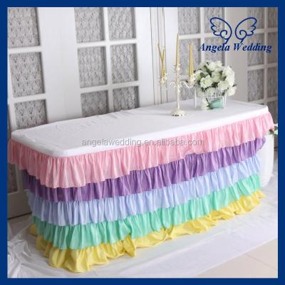 China SK003A Hot Sale Washable And Durable Wedding Five Tiered Taffeta Ruffled Colors Pleated Steps In Pastel Party Table Skirt for sale
