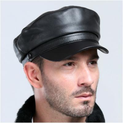 China Picture Winter Leisure Hat Youth Student British Fashion Flat Top Hats Men Sheepskin Genuine Leather Military Hat H579 for sale