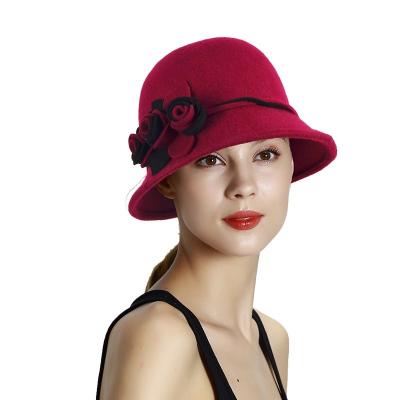 China X5145 COMMON Adult Wool Fedora Hats Female Wool Caps Adjustable Size Flower Decorate Bucket Hats British Fedora Caps Style Bucket Hat for sale