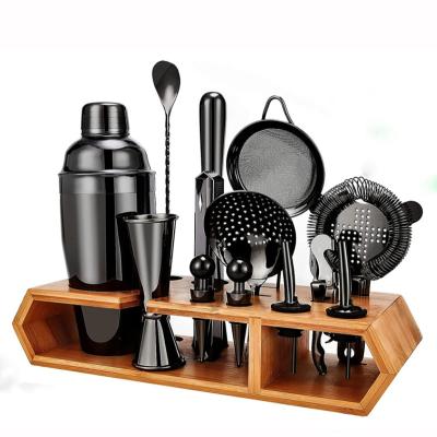 China Viable Plated Black Cocktail Shaker Set 14 Piece Beverage Mixer Stainless Steel Bar Kit With Wooden Stand for sale