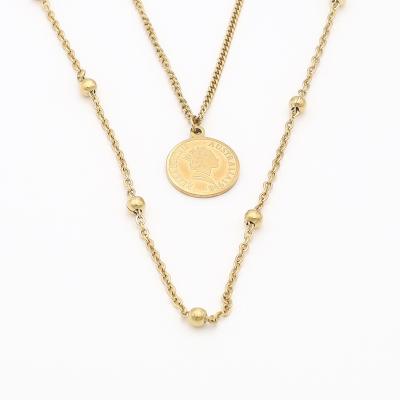 China Vintage 18K Gold Plated Pearl Link Chain Necklace Women Double Layers Stainless Steel Round Queen Portrait Choker Necklace for sale