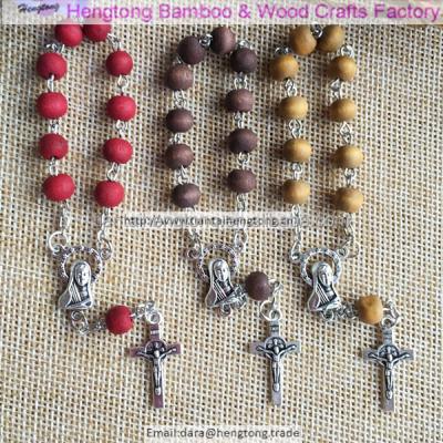 China 3colors 6*7mm Wooden Rosary Wooden Bracelet, Religious Catholic Bracelet with Rose Scent, Virgin Mary Centerpiece and Cross of Benedict for sale