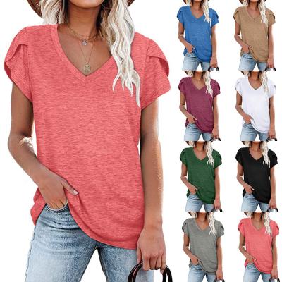 China 2021 Factory Sale Fashion Anti-wrinkle Women's Hot Short Sleeve V-Neck T-shirt Top Petal Spot Solid Color for sale
