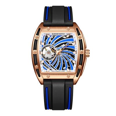 China Glenaw Automatic Date Watch New Design Fashion Sport Silicone Strap Gold Alloy Square Clock 9 Skeleton Automatic Mechanical Watch for sale