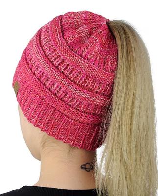 China COMMON New Women Multifunction Knitted Autumn Winter Lady Messy Bun Stretch Crochet Cap Ponytail Beanie Hat for sale