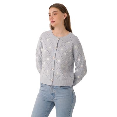 China Parride Knitted Cardigan Embroider Autumn Blue Floral Embroidery Crew Neck Sweaters Custom Knit Cardigan For Women for sale