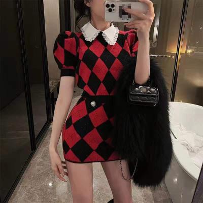 China Viable Knitted Skirt Bodycon Sweater Plaid Suit Short Sexy Top And Two Piece Skirt Set Women for sale