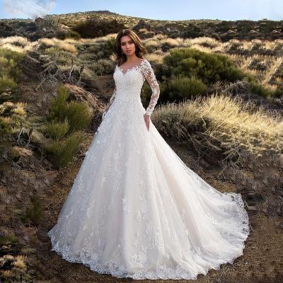 China Wholesale New Elegant Long Sleeve Women's Wedding Dresses Beautiful Solid Color Washable Dress for sale