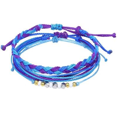 China Wholesale Environmentally Friendly Handmade Summer Beach Rope Bracelet Braided Wax Waterproof Cotton Rope Boho Wave Anklet Bracelet Colorful Macrame for sale
