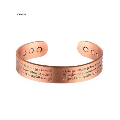 China Arthritis Environmental Friendly Magnetic Pure Copper Cuff Bangle Flexible Bracelet With Custom Logo Engraved for sale