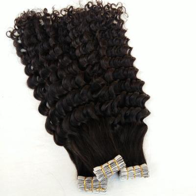 China Curly Black 3b Russian Seamless Deep Wave 100% Human Skin Weft Tape-in Tapein Double Sides Hair Extension With Curly Ends for sale