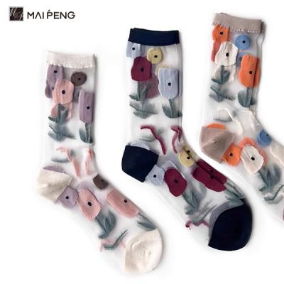 China Chic Custom Flower Jacquard Crystal Socks Women'S Summer Wear Transparent Socks for sale
