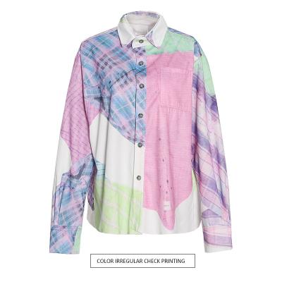 China Anti-wrinkle European and American style casual lapel stitching contrast 2022 spring temperament pattern printing straight shirt women for sale