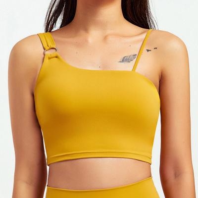China Lot Supplier One Shoulder Padded Bra Halter Neck Yoga Women Eco-friendly Nylon Sports Bras QUICK DRY for sale