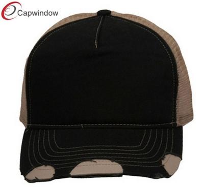 China Frayed Black Khaki Trucker Mesh Cap , Plastic Snap / Hand Wash Trucker Mesh Hats for sale