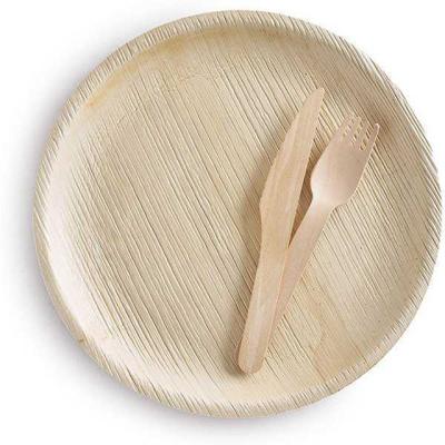 China Traditional Party Use Biodegradable Fallen Palmette Made Dishes With Birch Wood Knife Fork And Spoon for sale