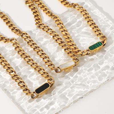 China FASHIONABLE 316L Stainless Steel 18K Gold Plated Green Black Shell Pendant Malachite Link Chain Cuban Necklace For Women for sale