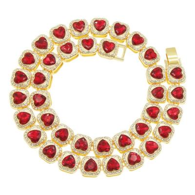 China New Style Hip Hop Hip Stock Hip Hop Alloy And Glass Diamond Red Love Heart Cuban Chain Necklace for sale